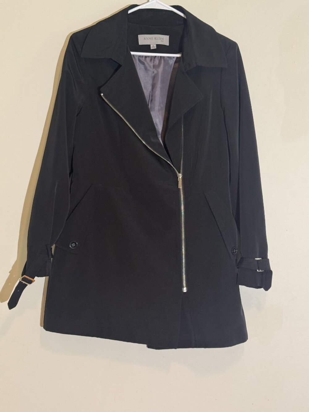 Anne Klein Black Asymmetrical Zip Moto Trench Coat Jacket | S